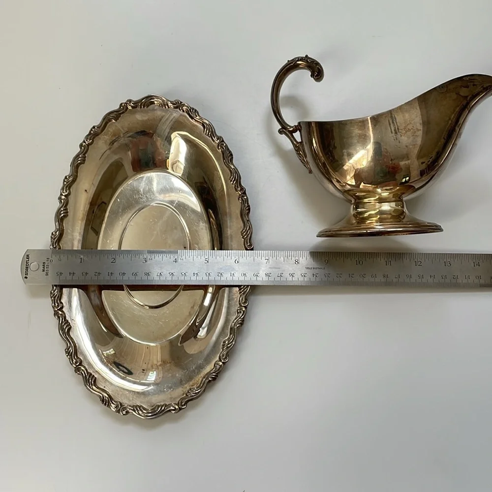 William A Rogers set of silver-plated gravy boat, butter‎ dish, & platter.